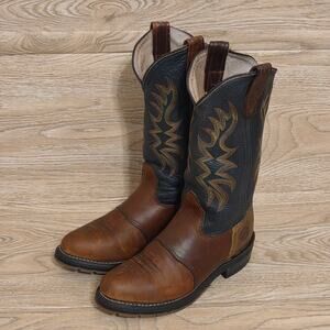 Double H Cowboy Western Boots Two-tone Ropers Flame Stitching Mens Size 7.5 M